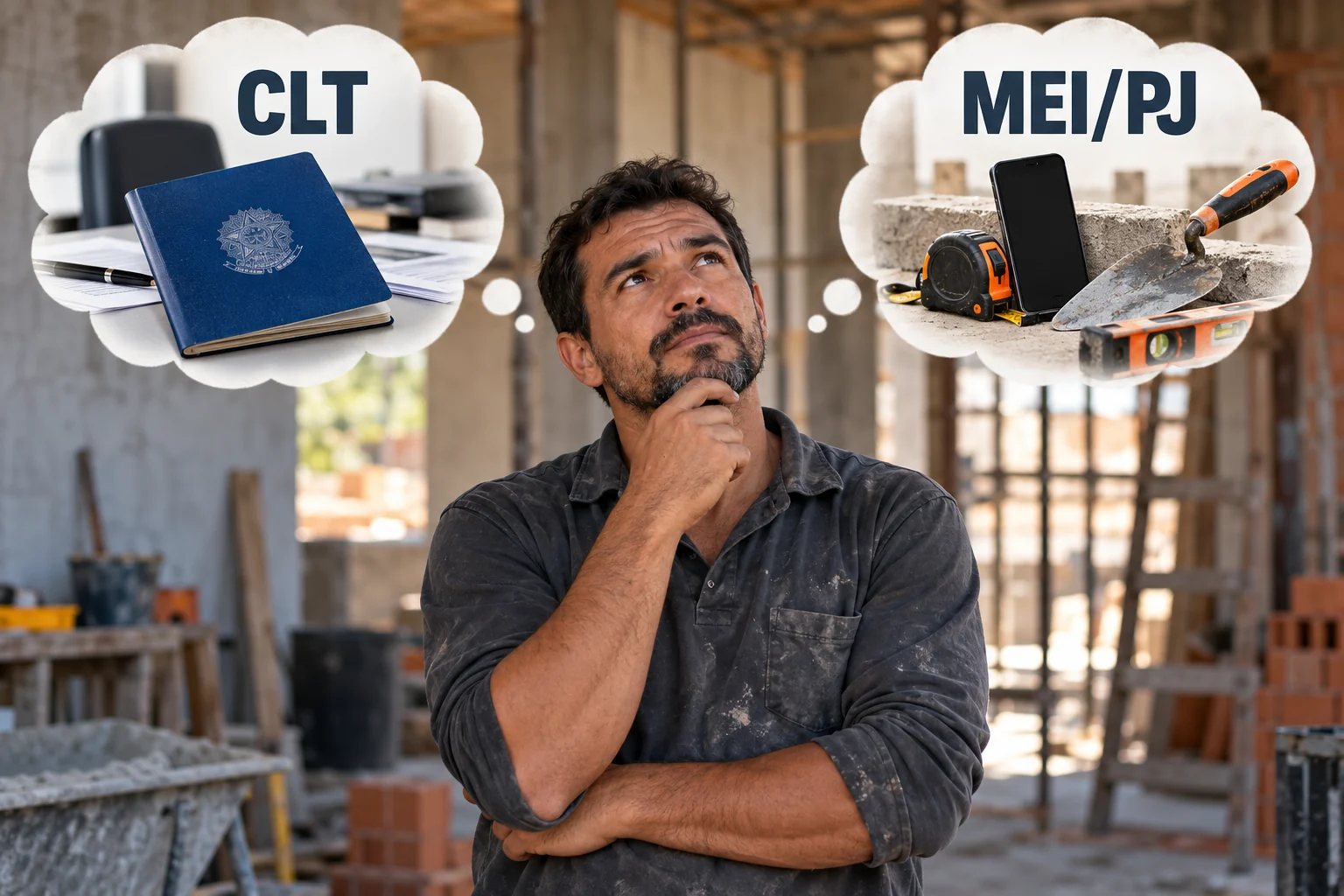 Profissional da construção civil refletindo entre as opções CLT e MEI ou PJ