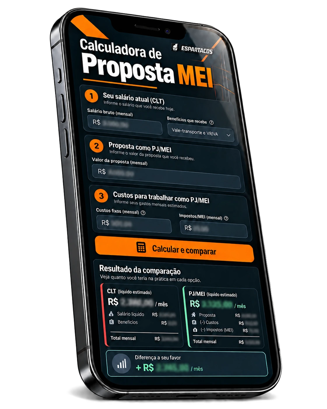 Mockup da Calculadora de Proposta MEI com a marca Espartacos exibida em um celular