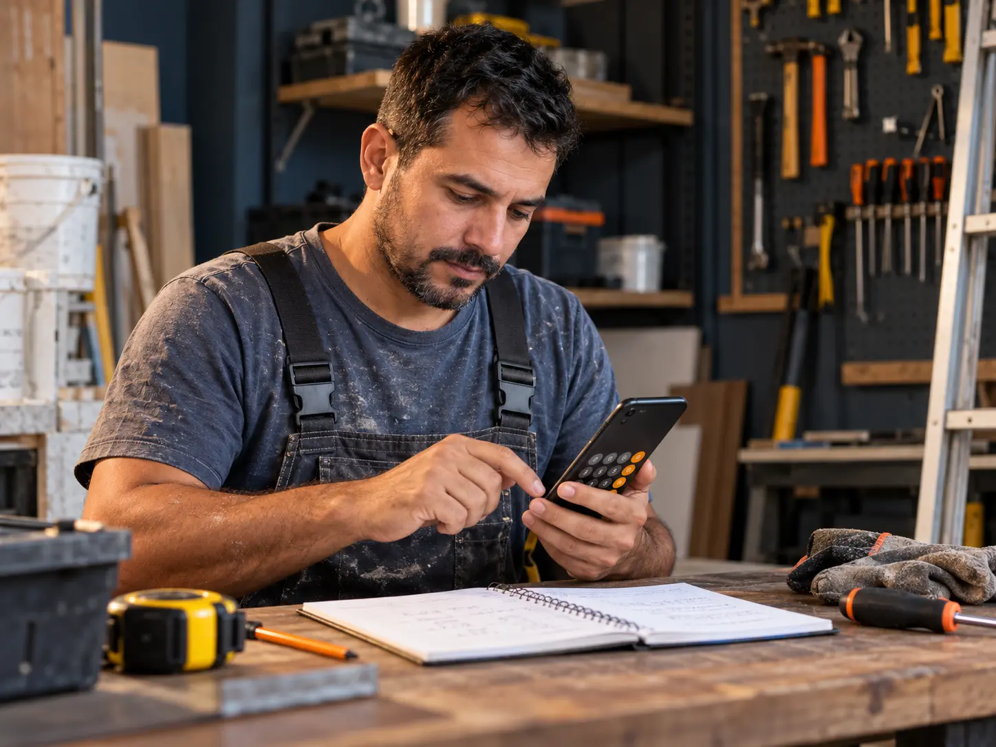 Profissional da construção civil fazendo cálculos no celular com um caderno aberto sobre a bancada