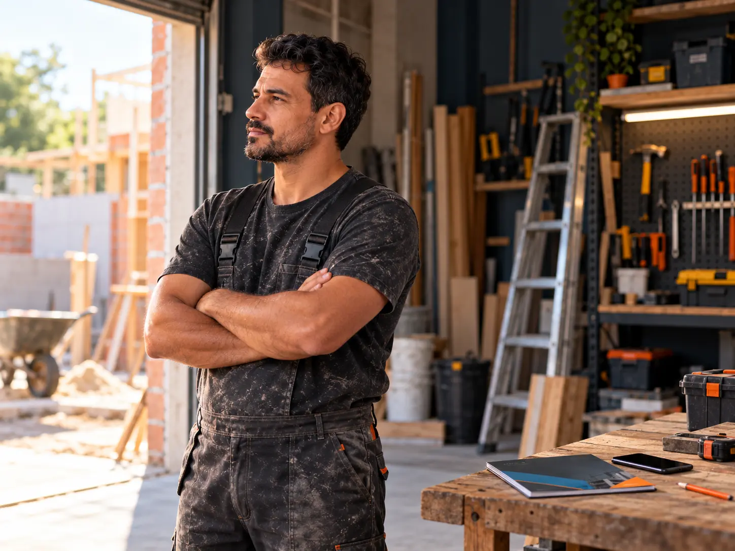 Profissional da construção civil refletindo com serenidade antes de tomar sua decisão